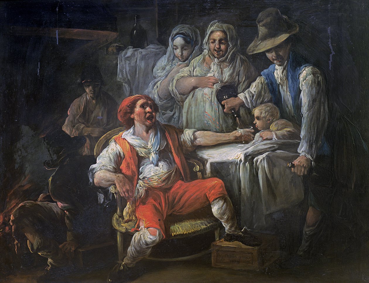 Bebendo cena, 1778 (óleo na ardósia) de Jacques Gamelin