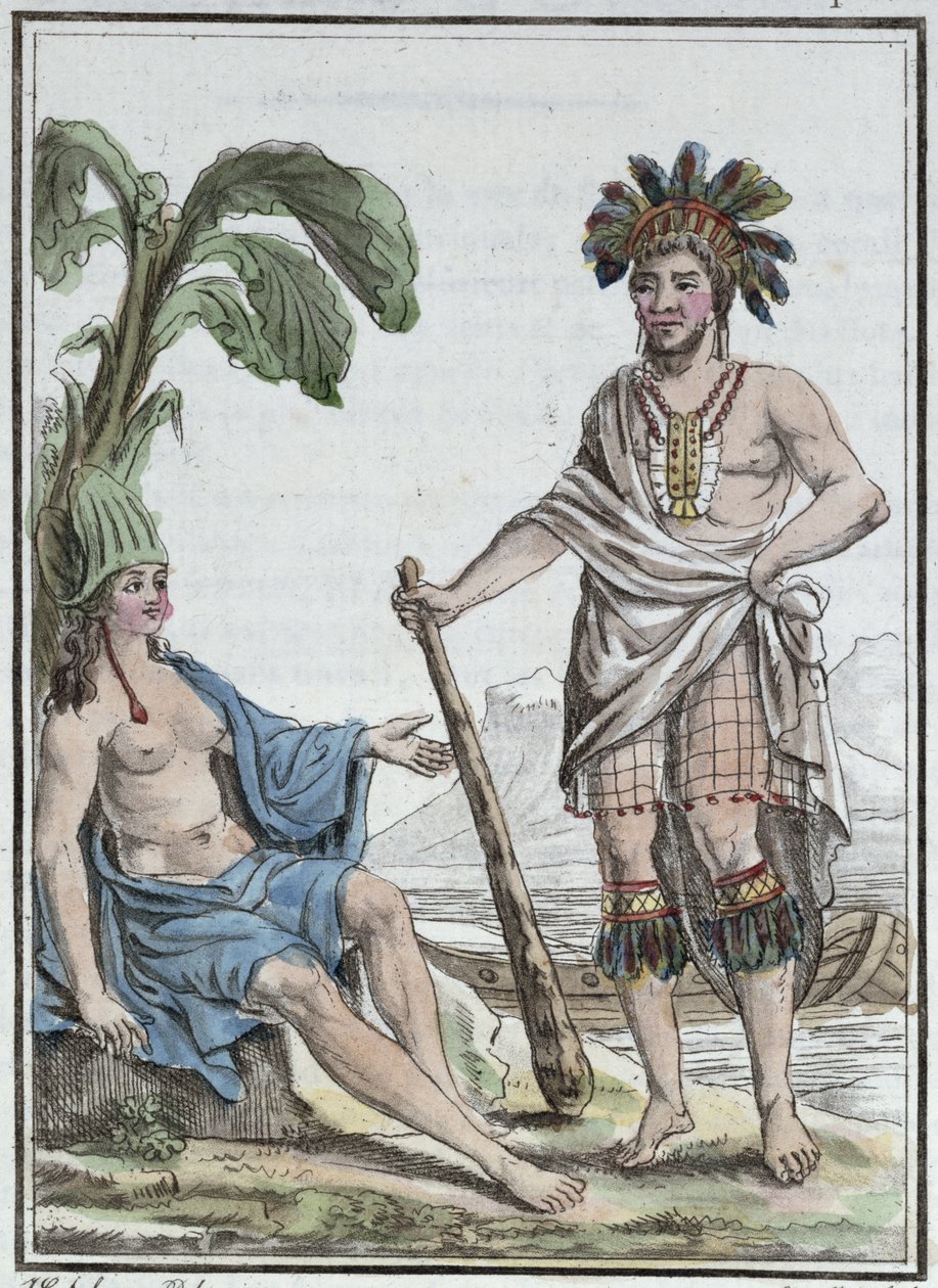 Um homem e uma mulher da ilha de Páscoa, de &39;Encyclopédie des Voyages&39;, gravada por Mixelle, publicada em 1810 de Jacques Grasset de Saint Sauveur