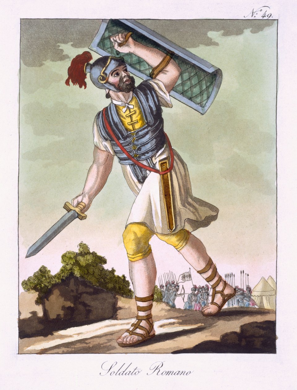 Um soldado romano, de &39;Antique Rome&39; gravado por Labrousse, publicado em 1796 (colorido aquatint) de Jacques Grasset de Saint Sauveur
