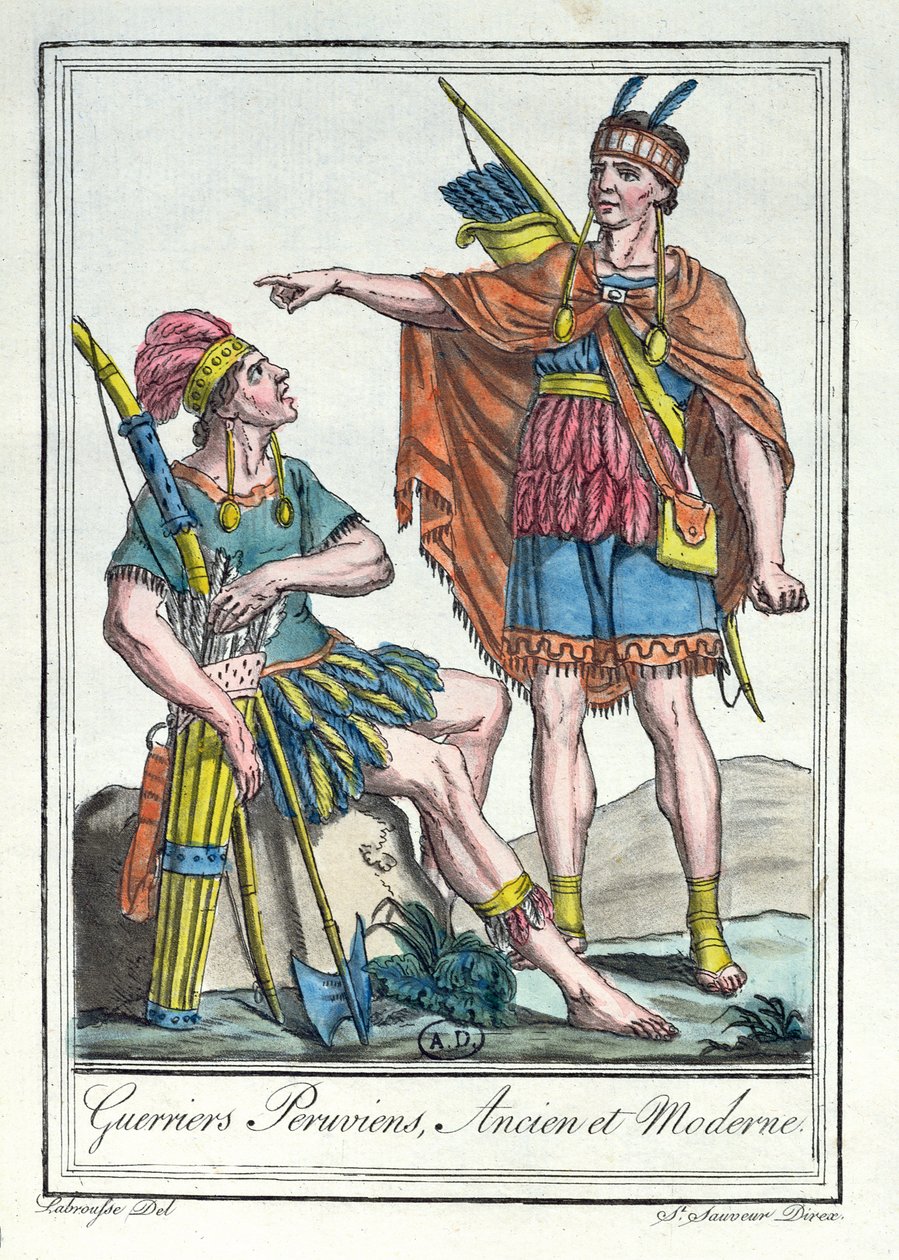 Guerreiros peruanos antigos e modernos, ilustração de &39;Encyclopedie des Voyages&39;, gravada por Labrousse, 1796 de Jacques Grasset de Saint Sauveur