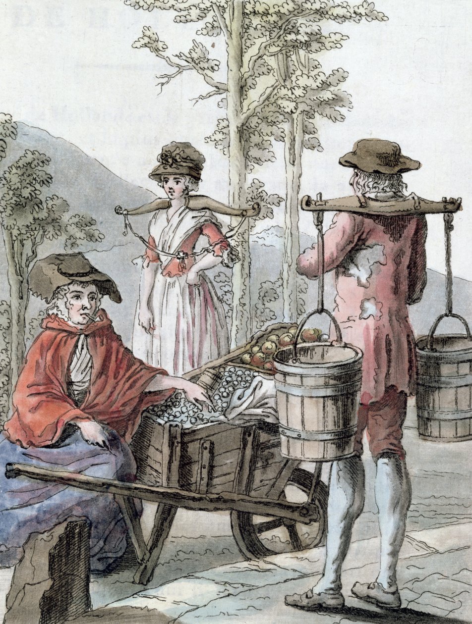 Camponeses ingleses que vendem frutas e leite de transporte, ilustração de "Encyclopédie des Voyages", gravada por Labrousse, 1796 de Jacques Grasset de Saint Sauveur