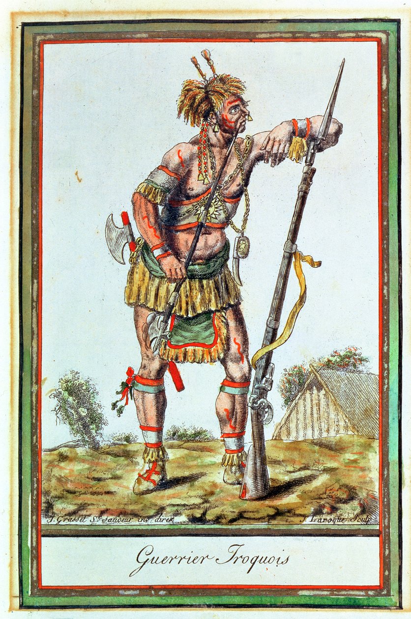 Guerreiro Iroquois, de &39;Encyclopedia of Travels&39;, gravado por J. Laroque, 1796 de Jacques Grasset de Saint Sauveur