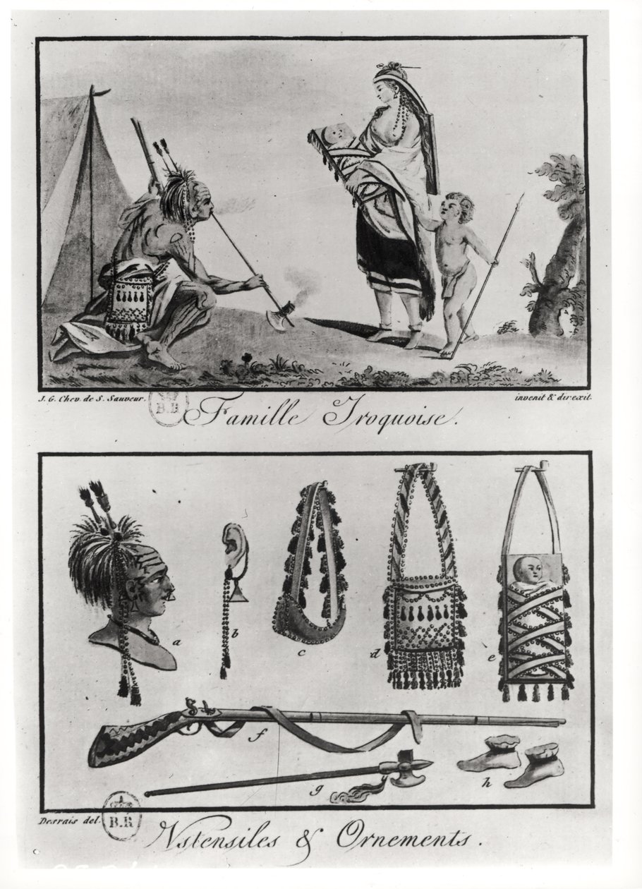 Família iroquesa, armas e ornamentos, de &39;Tableaux cosmographiques de l&39;Amerique&39;, gravada por Claude Louis Desrais (1746-1816), 1787 de Jacques Grasset de Saint Sauveur