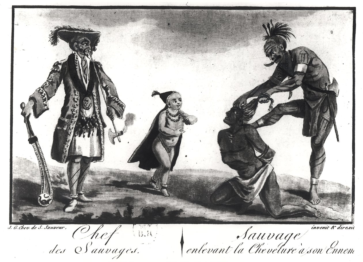 O chefe dos selvagens vestido como um europeu, uma criança e um selvagem escalpelando seu inimigo, do &39;Tableau Cosmographique de l&39;Amerique&39;, 1787 de Jacques Grasset de Saint Sauveur