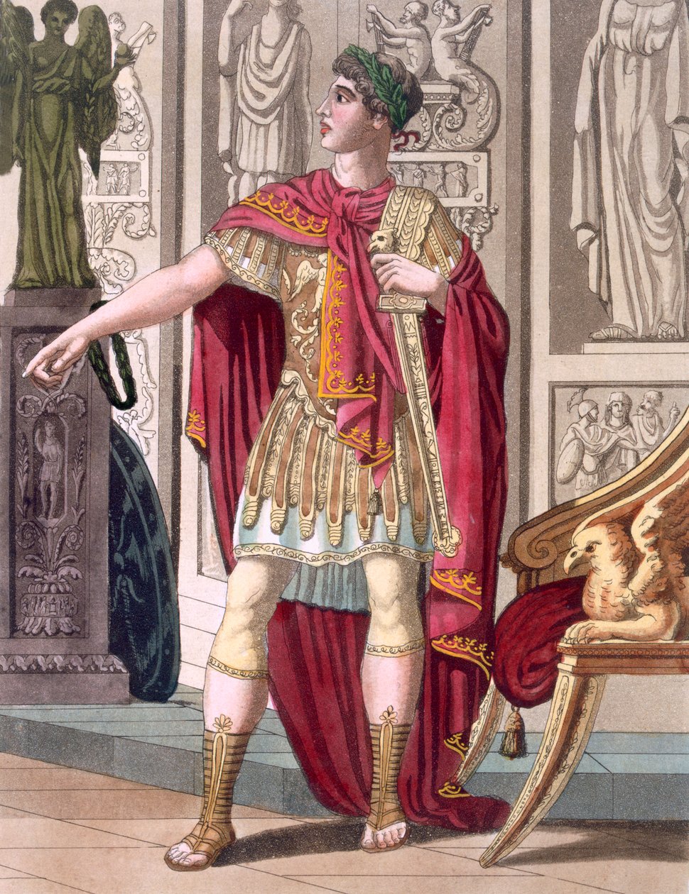 Um jovem imperador em sua armadura imperial e vestes, ilustração de &39;L&39;Antique Roma&39;, gravada por Labrousse, publicado em 1796 de Jacques Grasset de Saint Sauveur
