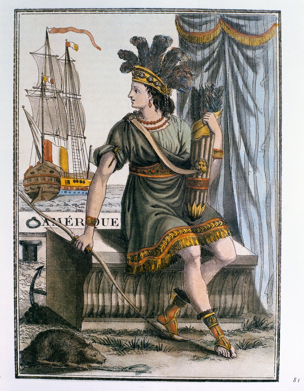 Alegoria da América, frontispício de &39;Encyclopédie des Voyages&39;, gravado por J. Laroque, publicado em 1796 de Jacques Grasset de Saint Sauveur
