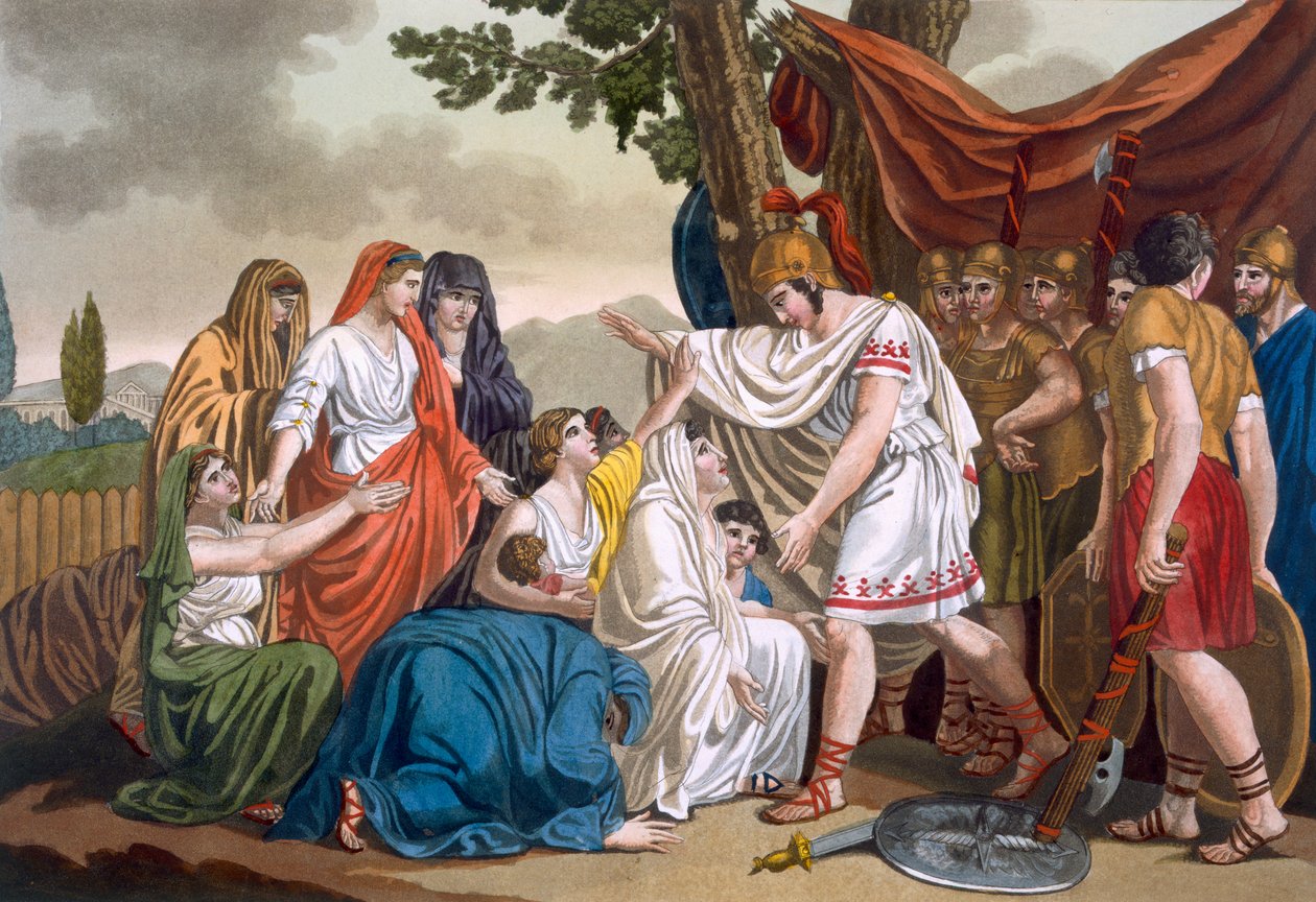 Coriolano e sua mãe Volumnia, ilustração de &39;L&39;Antique Roma&39;, gravada por Labrousse, publicado em 1796 de Jacques Grasset de Saint Sauveur