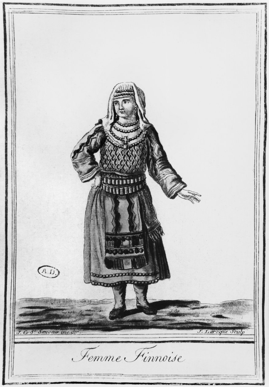 Mulher finlandesa em traje tradicional, gravada por J. Laroque de Jacques Grasset de Saint Sauveur