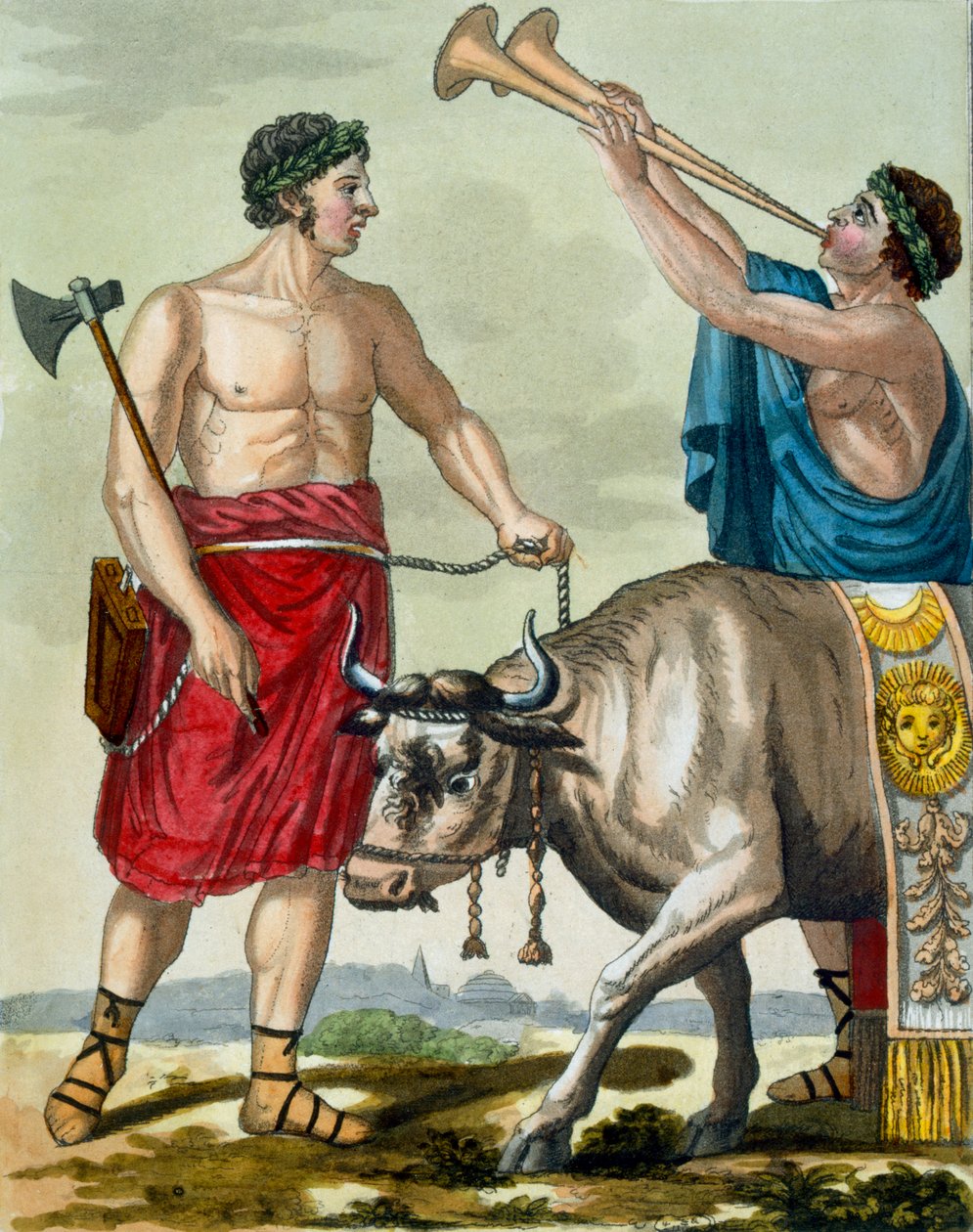 Sacrifício de um touro, ilustração de &39;L&39;Antique Rome&39;, gravado por Labrousse, publicado em 1796 de Jacques Grasset de Saint Sauveur