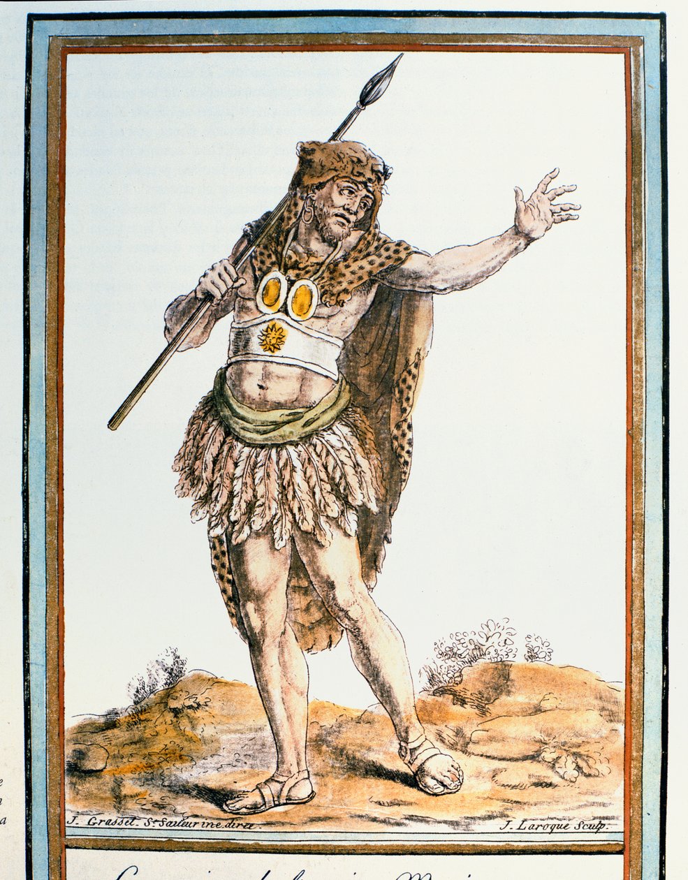 Guerreiro do antigo México, ilustração de &39;Encyclopedie des Voyages ;, gravado por J. Laroquw, publicado em 1796 de Jacques Grasset de Saint Sauveur