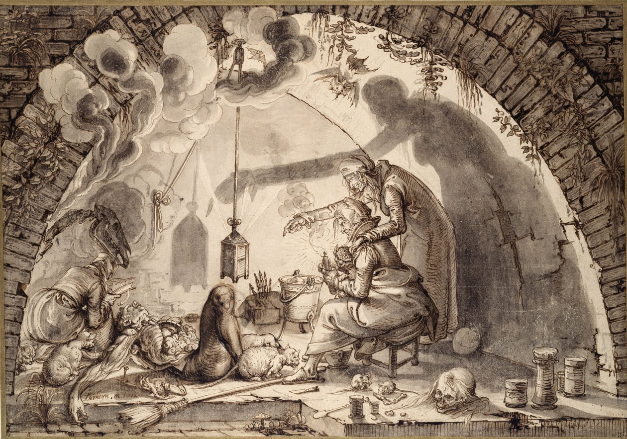 A Witch&39;s Kitchen, c.1600 (caneta e tinta no papel) de Jacques II de Gheyn