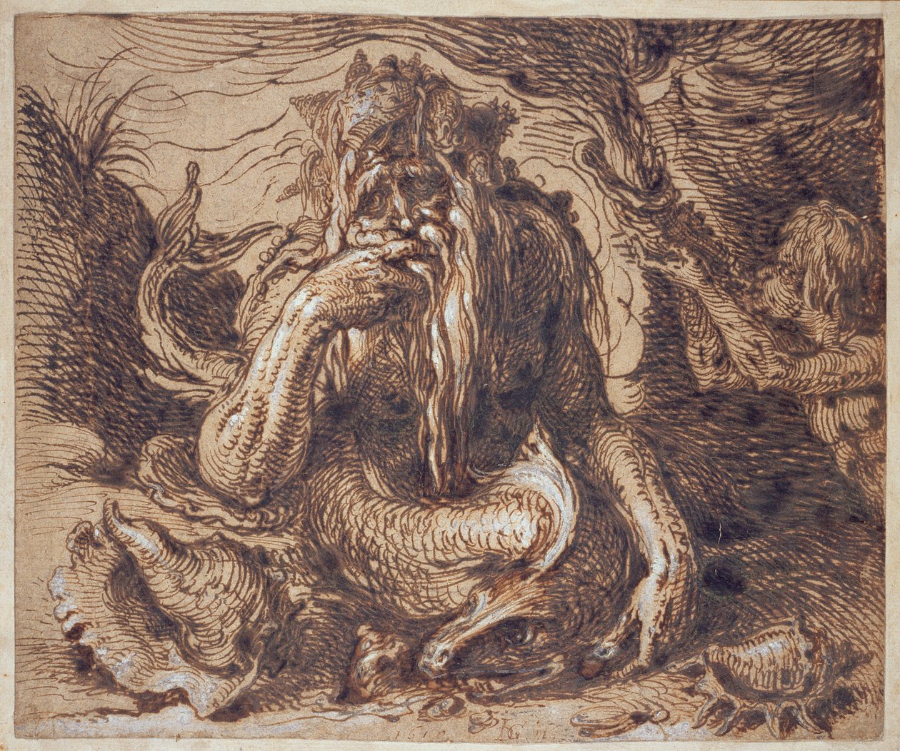 Netuno, 1610 (pena e tinta aumentada com guache sobre papel) de Jacques II de Gheyn
