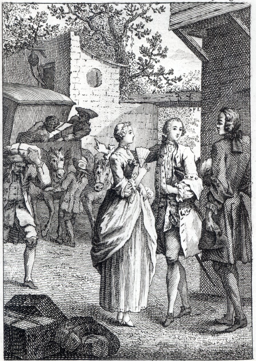 Encontro de Chevalier Des Greux e Manon, cena de &39;Manon Lescaut&39; de Antoine Francois Prevost de Exiles (1697-1763) de Jacques Jean Pasquier