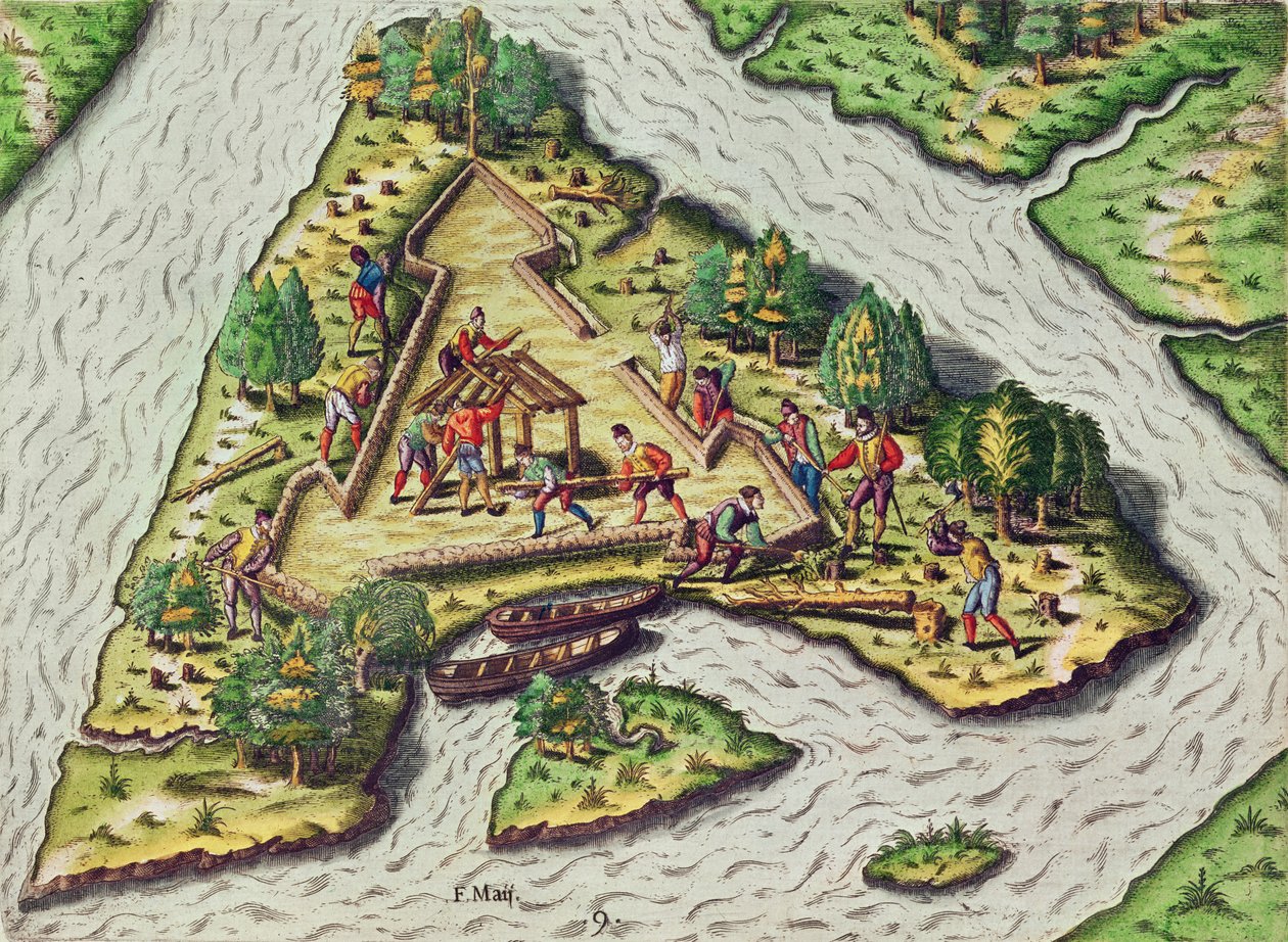 Um local para o forte é escolhido, de &39;Brevis Narratio ..&39;, gravado por Theodore de Bry (1528-98) publicado em Frankfurt, 1591 de Jacques Le Moyne