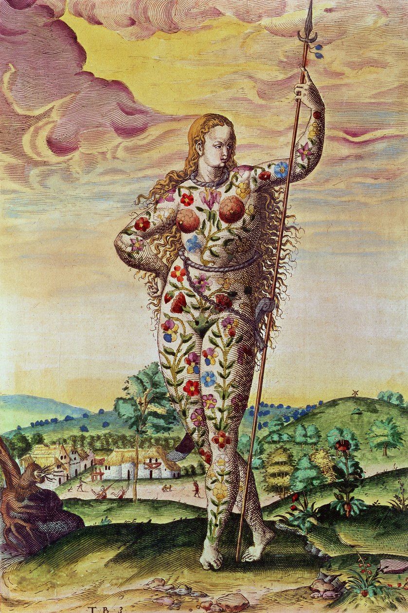 Uma jovem mulher picta, de &39;Admiranda Narratio ..&39;, gravada por Theodore de Bry (1528-88) 1585-88 de Jacques Le Moyne