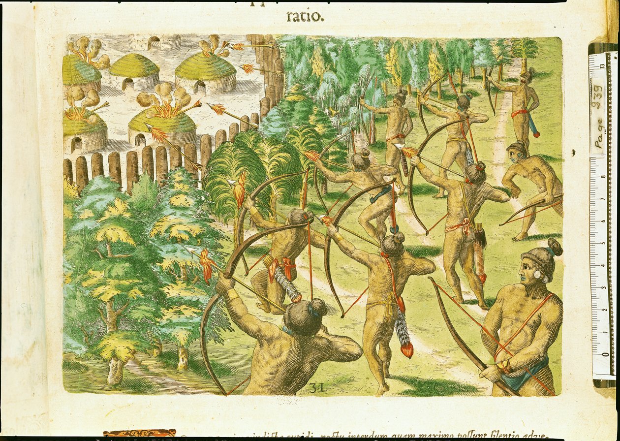 Ataque a uma aldeia indígena com flechas flamejantes, de &39;Brevis Narratio ...&39; gravada por Theodore de Bry (1528-98) 1591 de Jacques Le Moyne