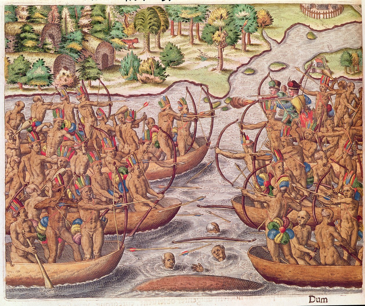 Batalha entre tribos indígenas, de &39;Brevis Narratio ..&39;, gravado por Theodore de Bry (1528-98) 1564 de Jacques Le Moyne