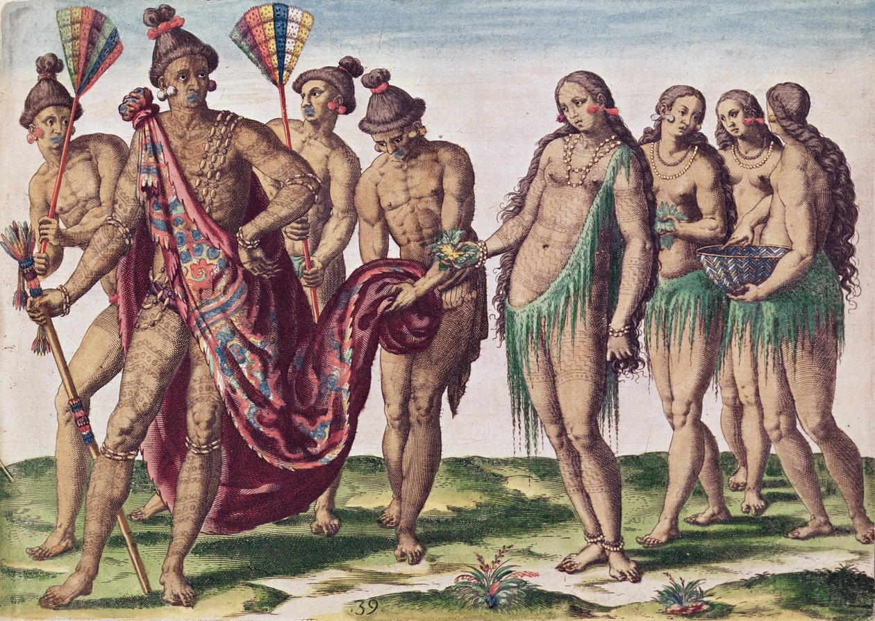 Chefe Satouriona e sua esposa vão para uma caminhada, prato XXXIX de &39;Brevis Narratio ..&39;, gravado por Theodore de Bry (1528-98) de Jacques Le Moyne