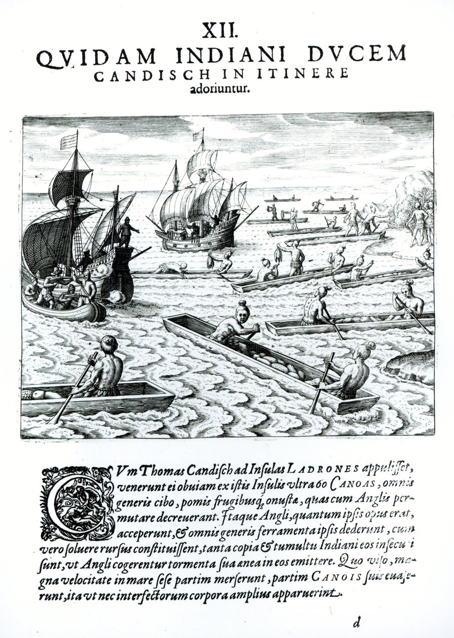 Expedição de Thomas Cavendish, de &39;Americae&39;, escrito e gravado por Theodore de Bry (1528-98) 1593 de Jacques Le Moyne