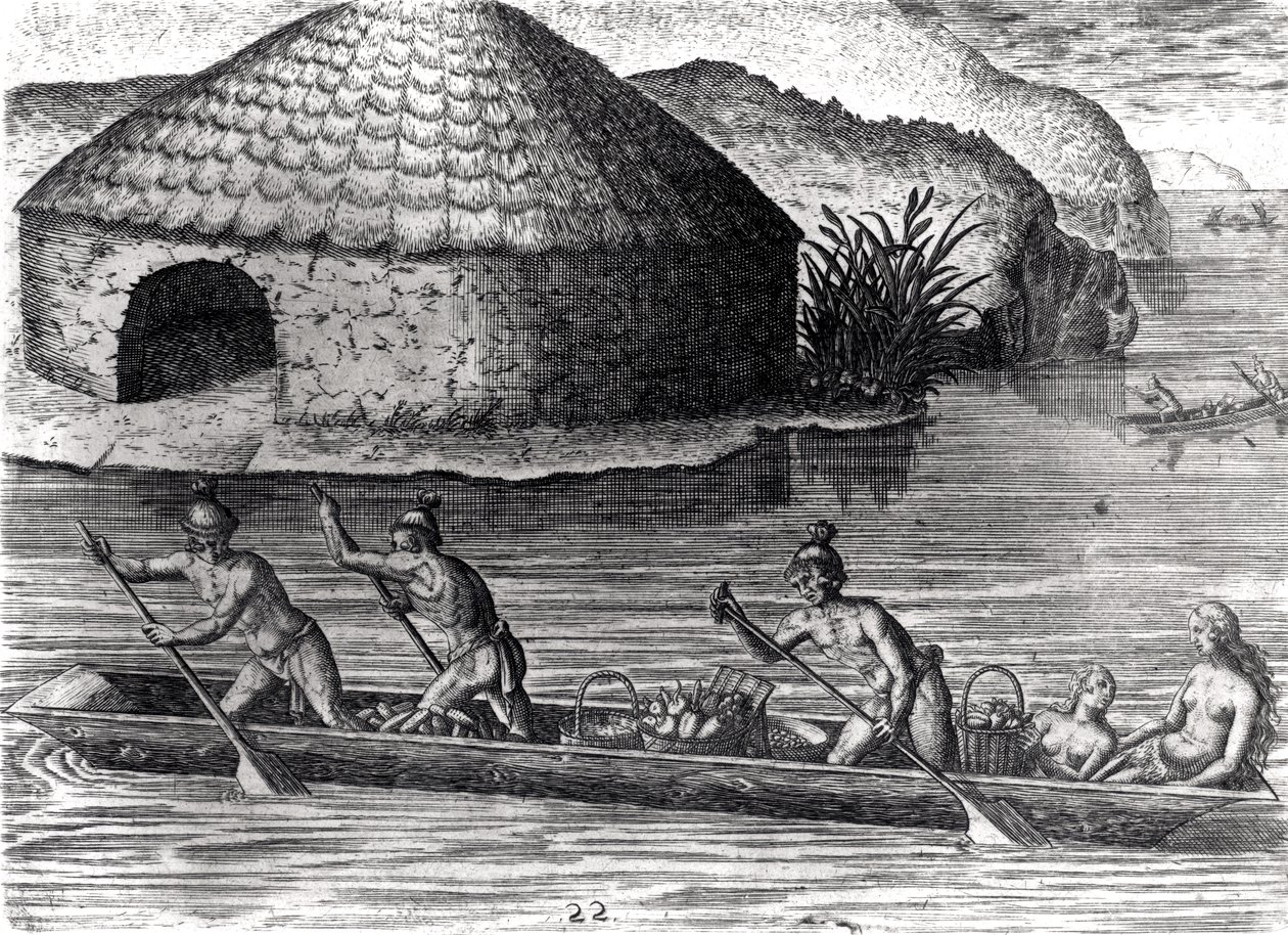 Índios da Flórida armazenando suas colheitas no celeiro público, de &39;Brevis Narratio&39;, gravado por Theodore de Bry (1528-98) 1591 (ver também 223434) de Jacques Le Moyne