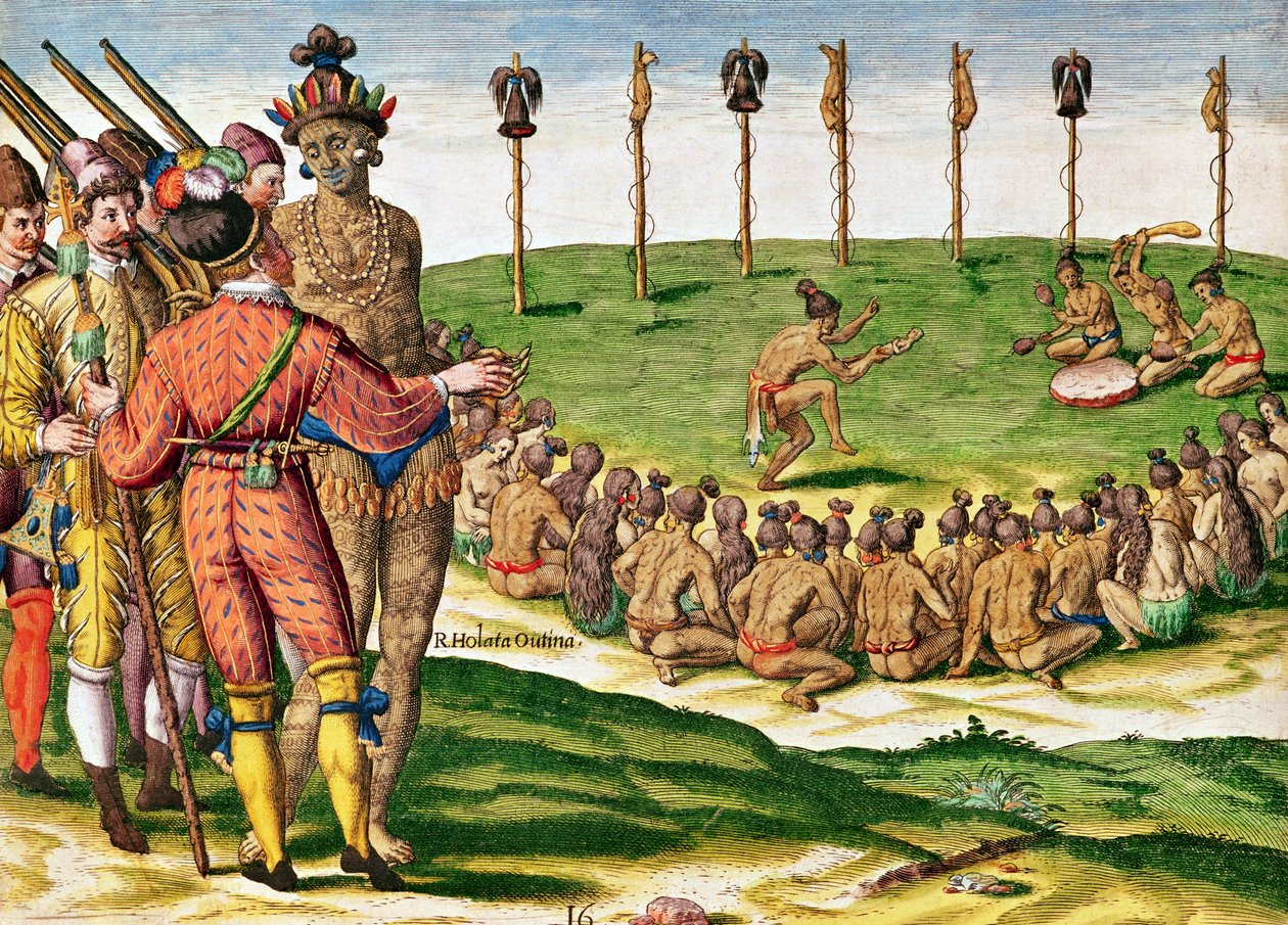 Cerimônia de vitória indiana, de &39;Brevis Narratio ..&39;, gravada por Theodore de Bry (1538-98), publicada em Frankfurt, 1591 de Jacques Le Moyne