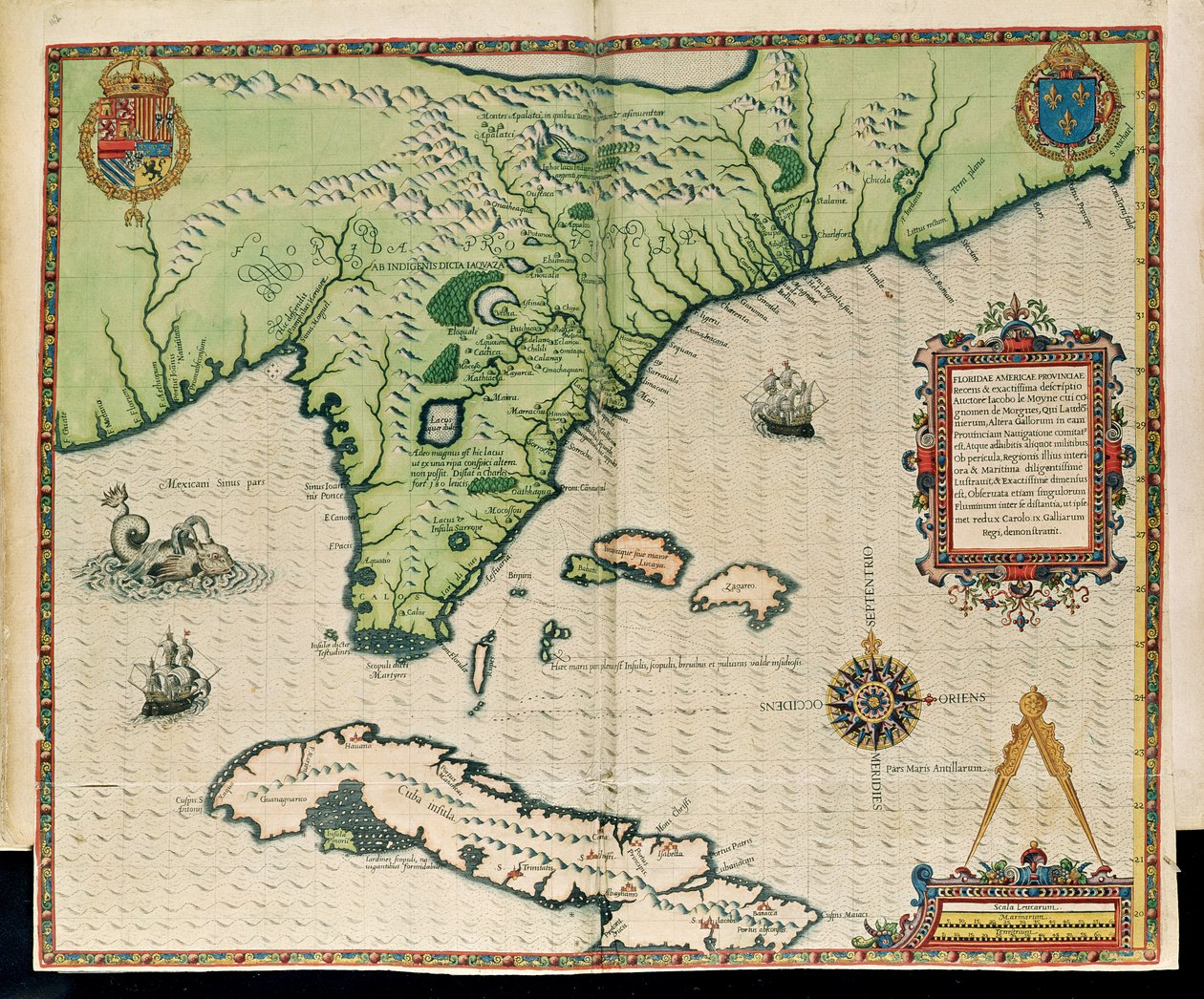 Mapa da Flórida, de &39;Brevis Narratio ..&39;, gravado por Theodore de Bry (1528-98) publicado em Frankfurt, 1591 de Jacques Le Moyne