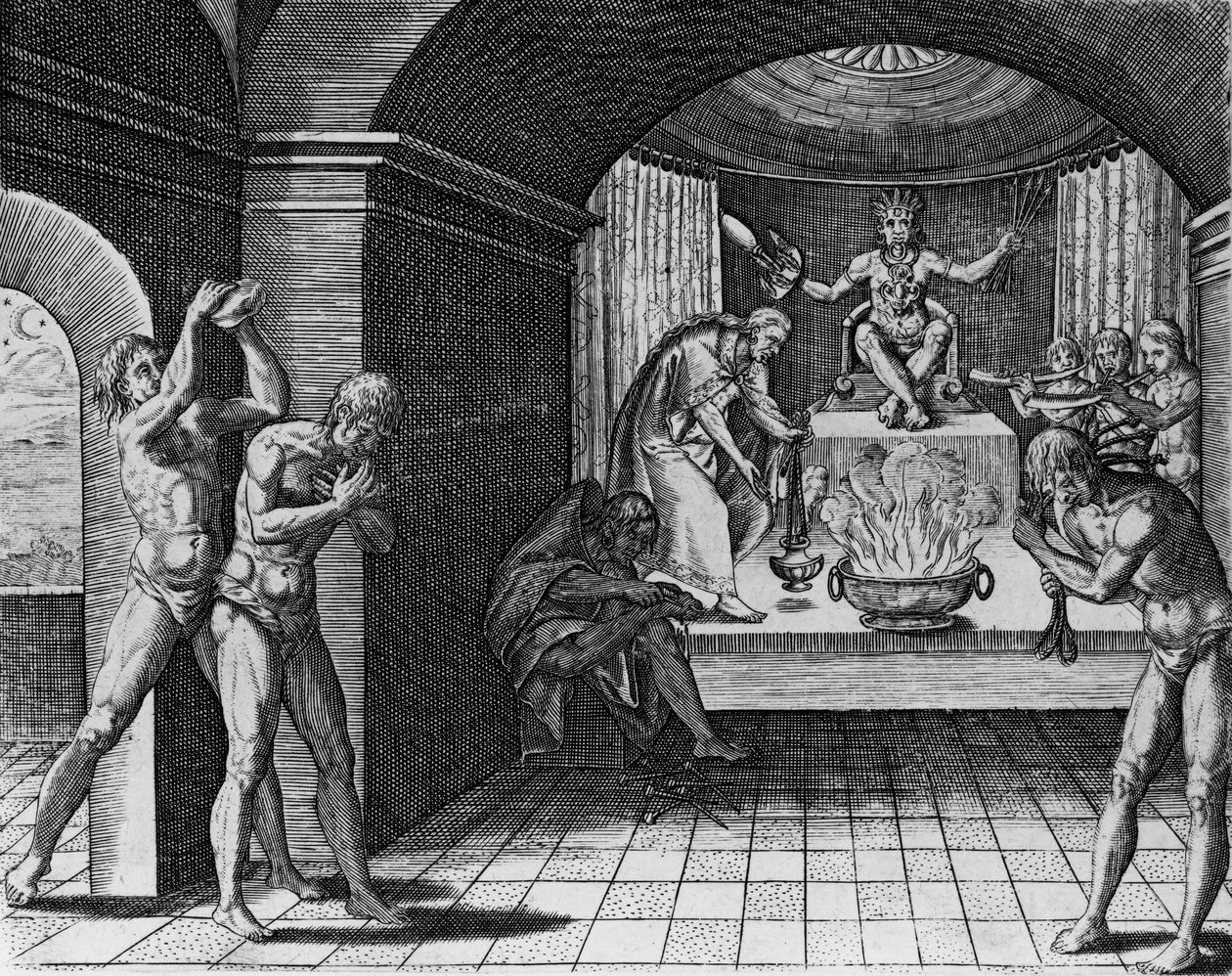 Serviço religioso indiano de penitência do índio mexicano, de &39;Americae&39;, 1602, escrito e gravado por Theodor de Bry (1528-98) de Jacques Le Moyne