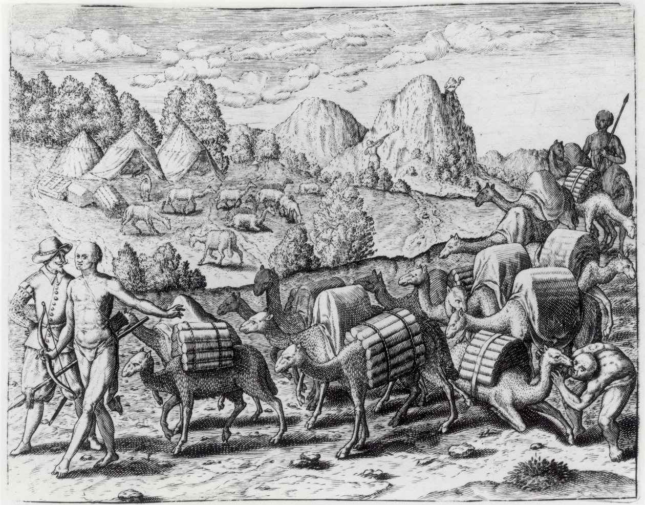 Pacote de trem de lhamas carregado com prata de Potosi Minas do Peru, gravado por Theodore de Bry (1528-98), de &39;Americae&39;, 1602 de Jacques Le Moyne