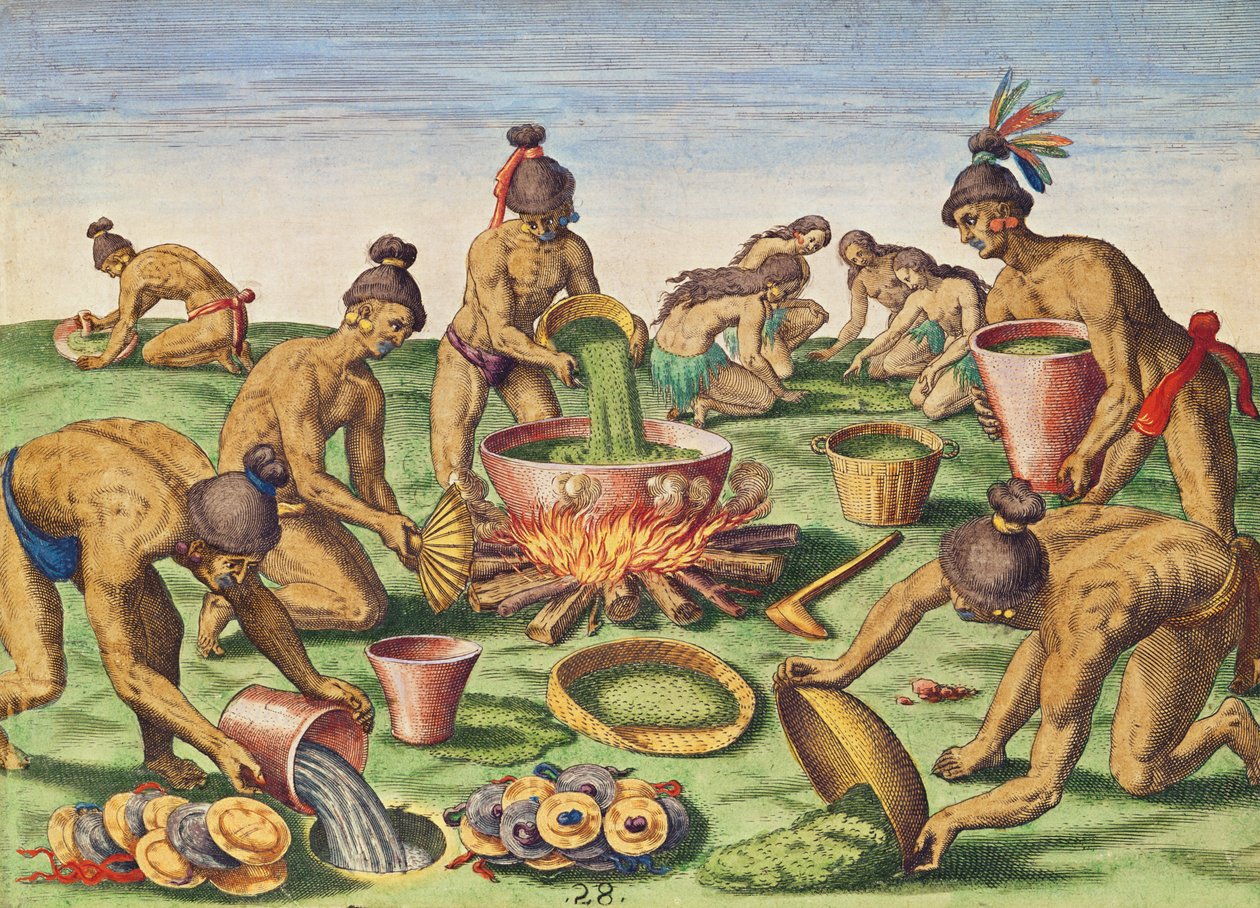 Preparativos para uma festa, de &39;Brevis Narratio ..&39;, gravado por Theodore de Bry (1528-98) publicado em Frankfurt, 1591 de Jacques Le Moyne