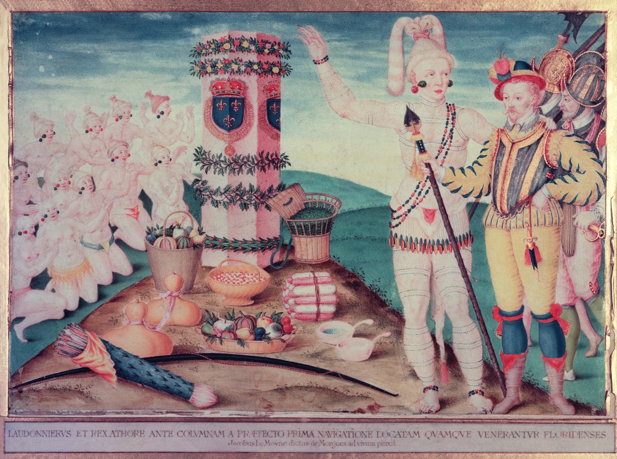 Rene Goulaine de Laudonniere (c.1529-82) e o chefe Athore em frente à Coluna de Ribault, c.1570 de Jacques Le Moyne