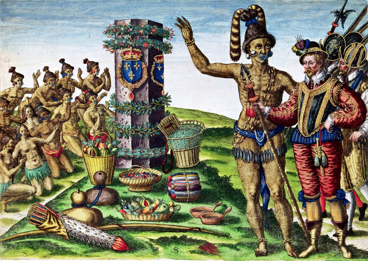 René Goulaine de Laudonniere (c.1529-82) e Chefe Athore em frente à Coluna de Ribault, de &39;Brevis Narratio ...&39;, gravado por Theodore de Bry (1528-98) 1563 de Jacques Le Moyne