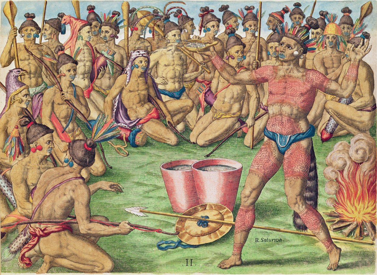 Satoutiona prepara-se para batalha, de &39;Brevis Narratio ..&39;, gravado por Theodore de Bry (1528-98) publicado em Frankfurt, 1591 de Jacques Le Moyne