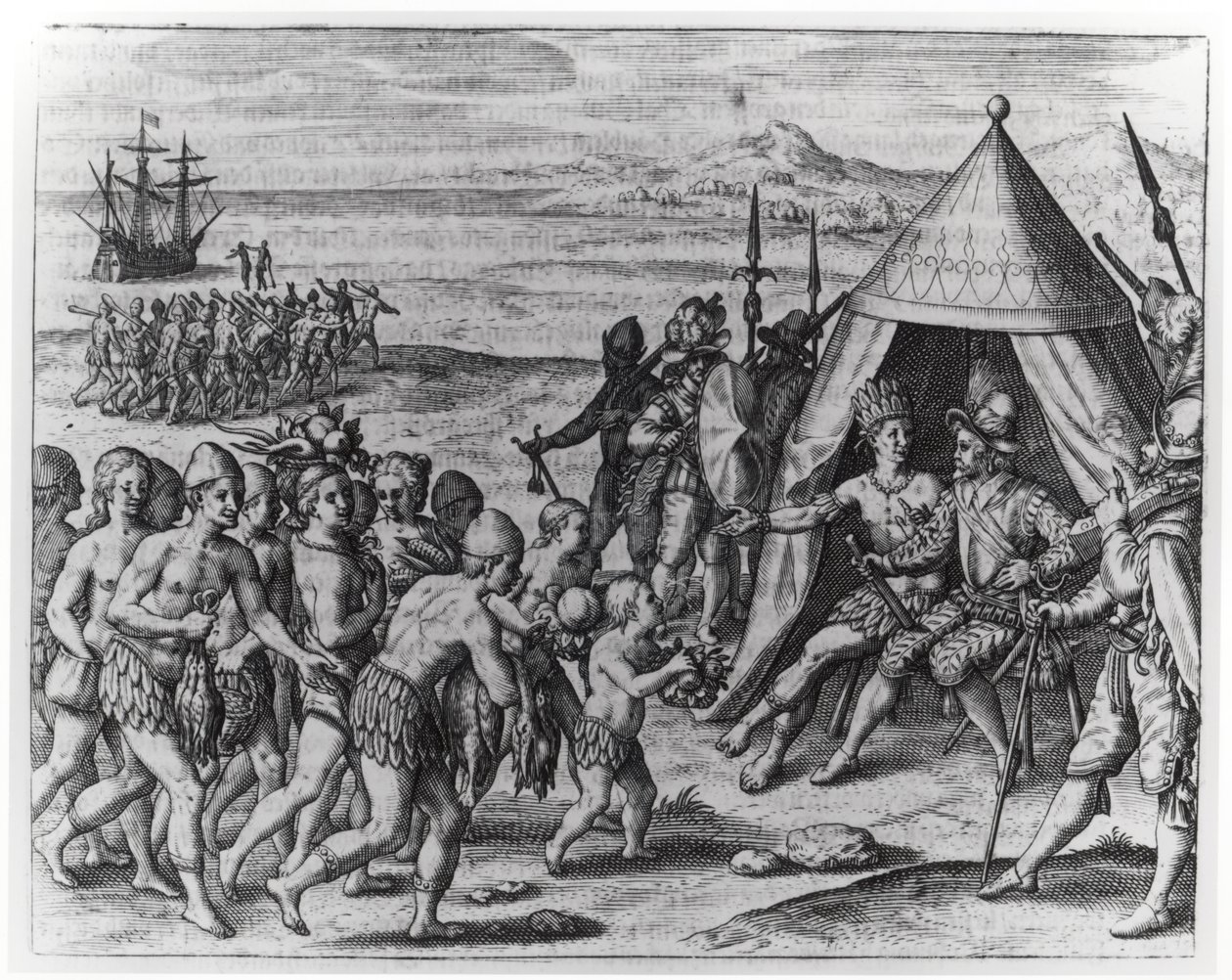 Sir Walter Raleigh (1554-1618) tentando estabelecer amizade com o rei Arromaia da Guiana, de &39;Americae&39;, gravado e escrito por Theodor de Bry (1528-98) de Jacques Le Moyne