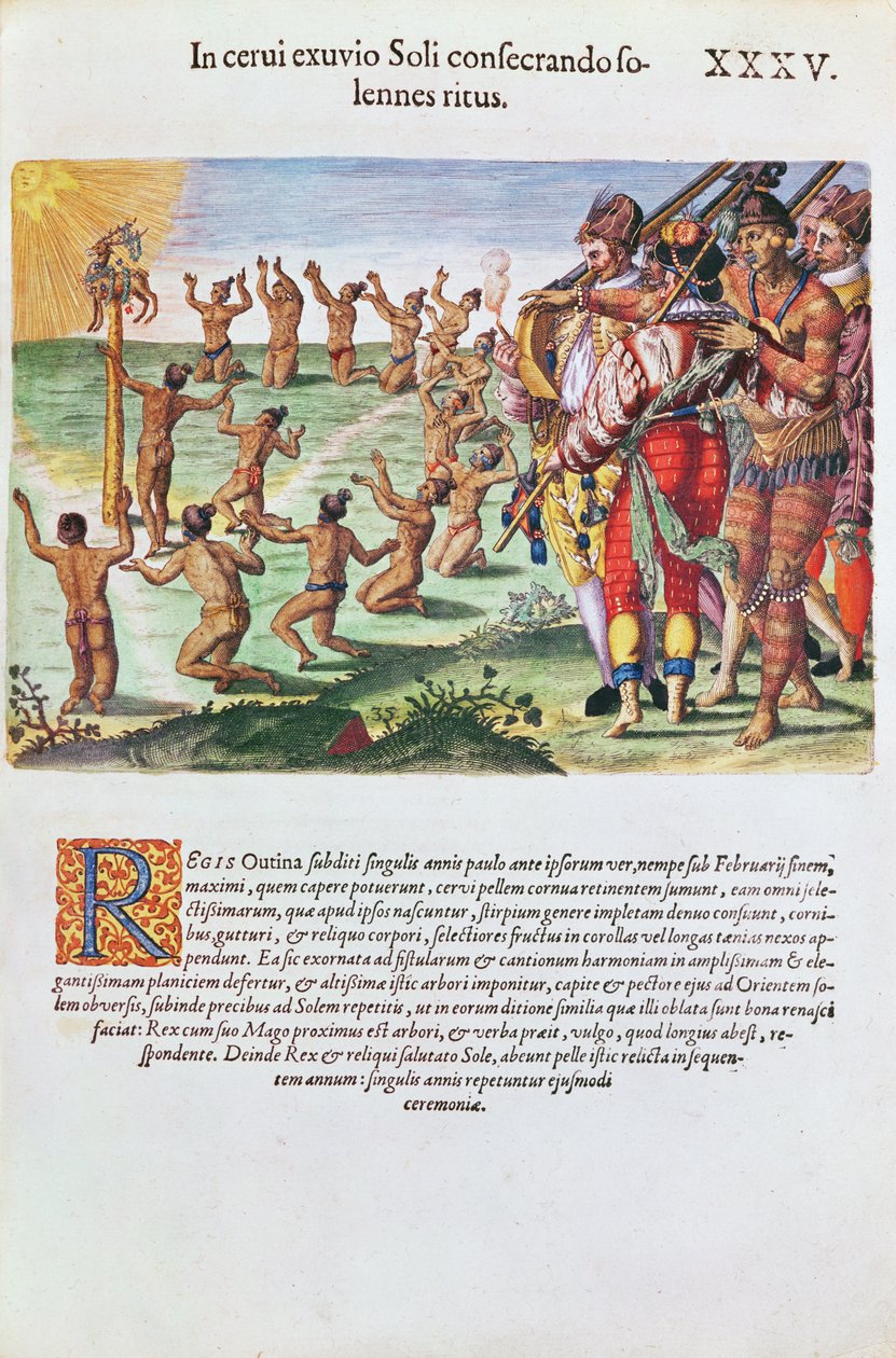 Ritual de adoração do sol com oferenda de um cervo, de &39;Brevis Narratio&39;, gravado por Theodore de Bry (1528-98) 1563 de Jacques Le Moyne
