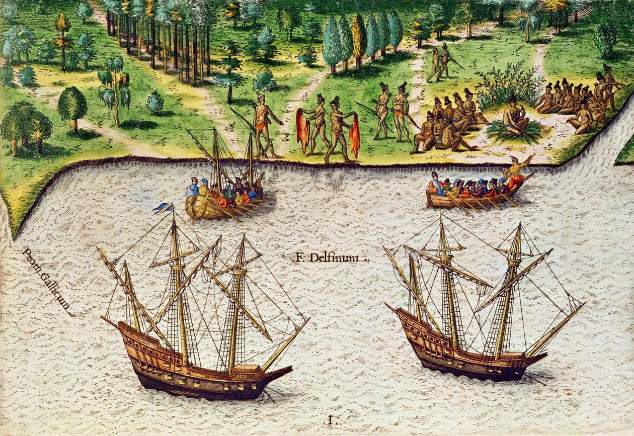 O Cabo da Flórida (Gallicum) e o Rio dos Golfinhos (Fleuve Delphinium) de &39;Brevis Narratio&39;, gravado por Theodore de Bry (1528-98) 1563 de Jacques Le Moyne