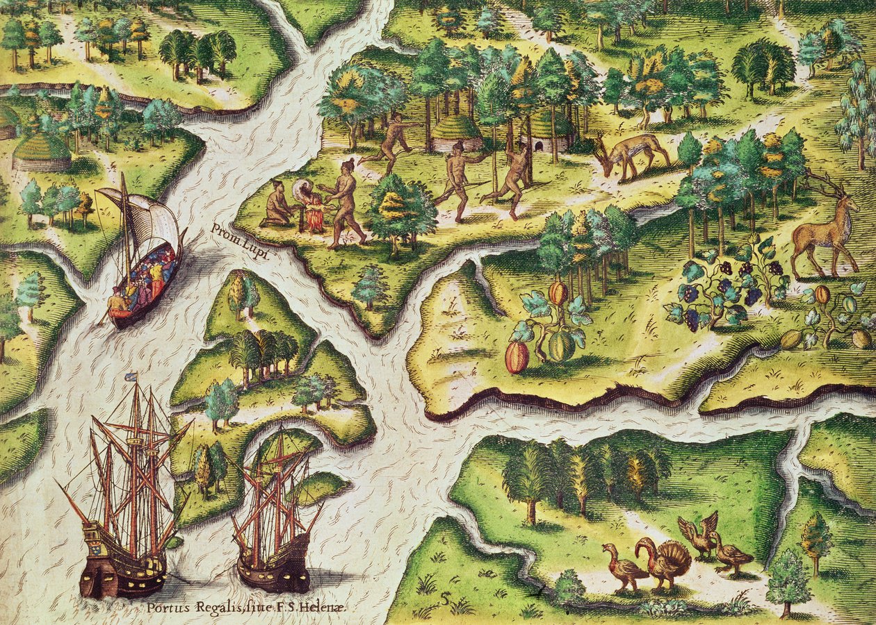 Os franceses chegam a Port Royal, de &39;Brevis Narratio ..&39;, gravado por Theodore de Bry (1528-98) publicado em Frankfurt, 1591 de Jacques Le Moyne