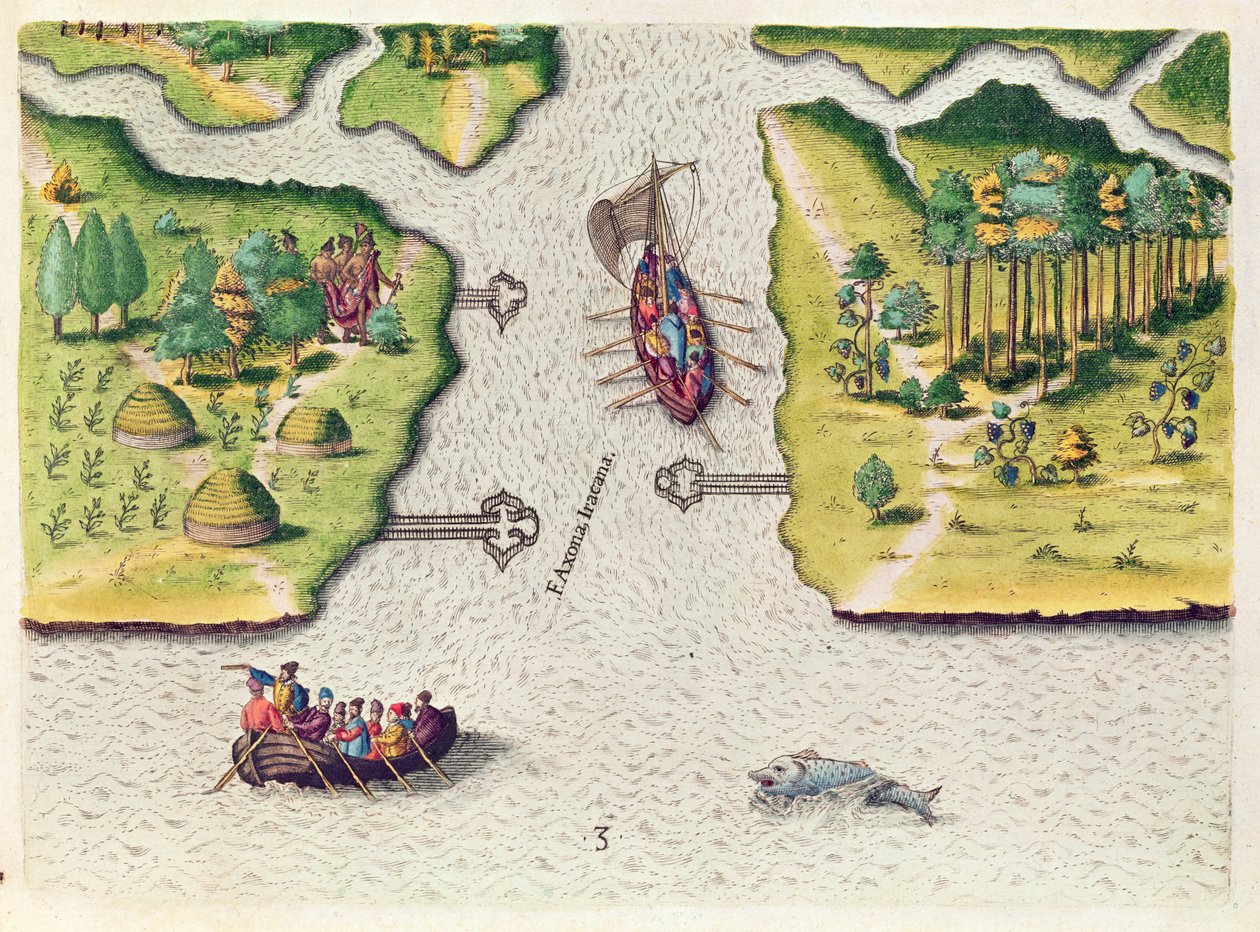 Os franceses descobrem dois outros rios, de &39;Brevis Narratio ..&39;, gravado por Theodore de Bry (1528-98) publicado em Frankfurt, 1591 de Jacques Le Moyne