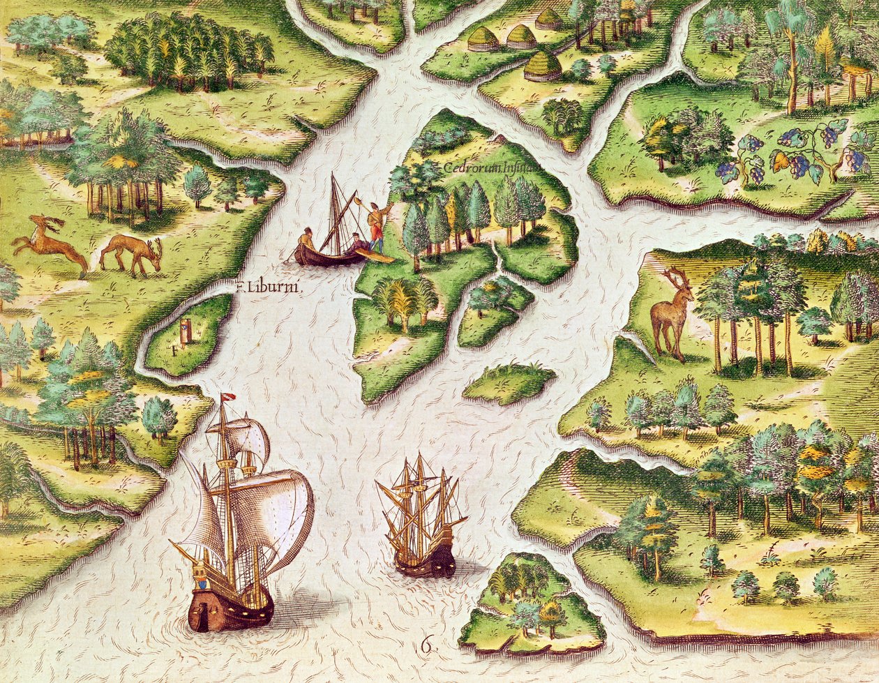 Os franceses erigem uma coluna com o brasão real, de &39;Brevis Narratio ..&39;, gravado por Theodore de Bry (1528-98) publicado em Frankfurt, 1591 de Jacques Le Moyne