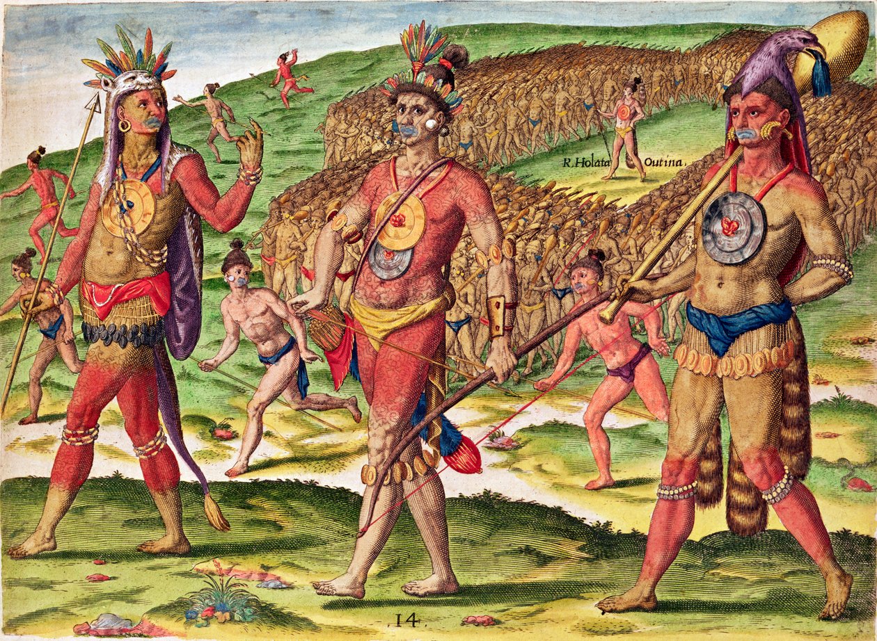 Os soldados de Outina marchando para cortar seus inimigos em pedaços, de &39;Brevis Narratio ..&39;, gravado por Theodore de Bry (1528-98) 1563 de Jacques Le Moyne