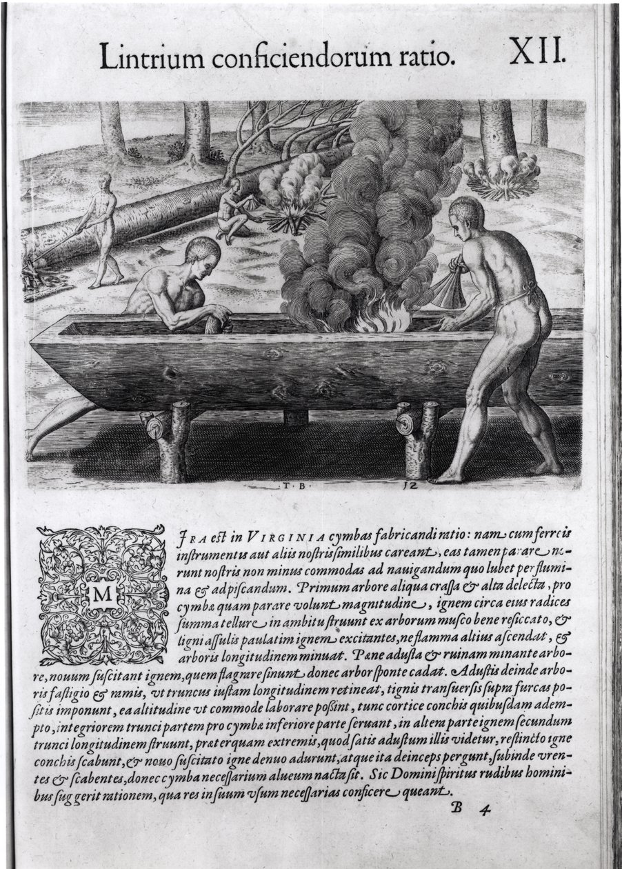 Índios da Virgínia que fazem barcos de pesca subterrânea, da "Americae", escritos e gravados por Theodor de Bry (1525-1575) de Jacques Le Moyne