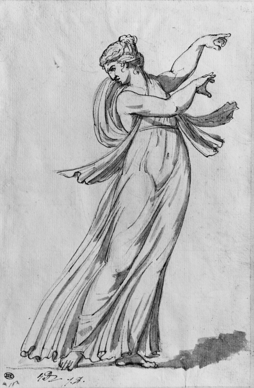 Bacante (caneta e tinta preta e cinza lavagem e pierre noire no papel) de Jacques Louis David
