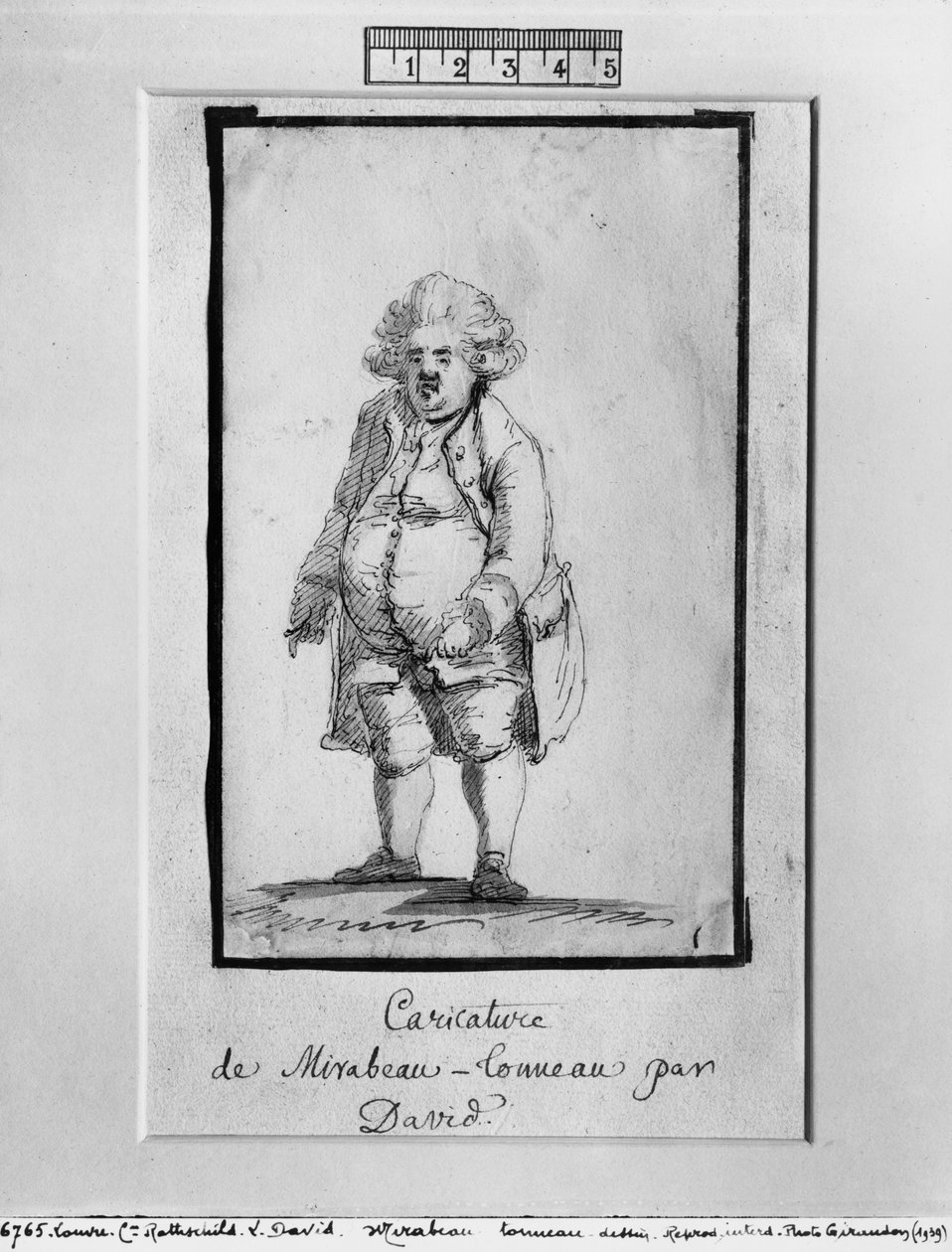 Caricatura de Andre Boniface Louis de Riqueti, Visconde de Mirabeau, apelidado de Mirabeau-Tonneau (caneta e tinta marrom e cinza lavada sobre papel) de Jacques Louis David