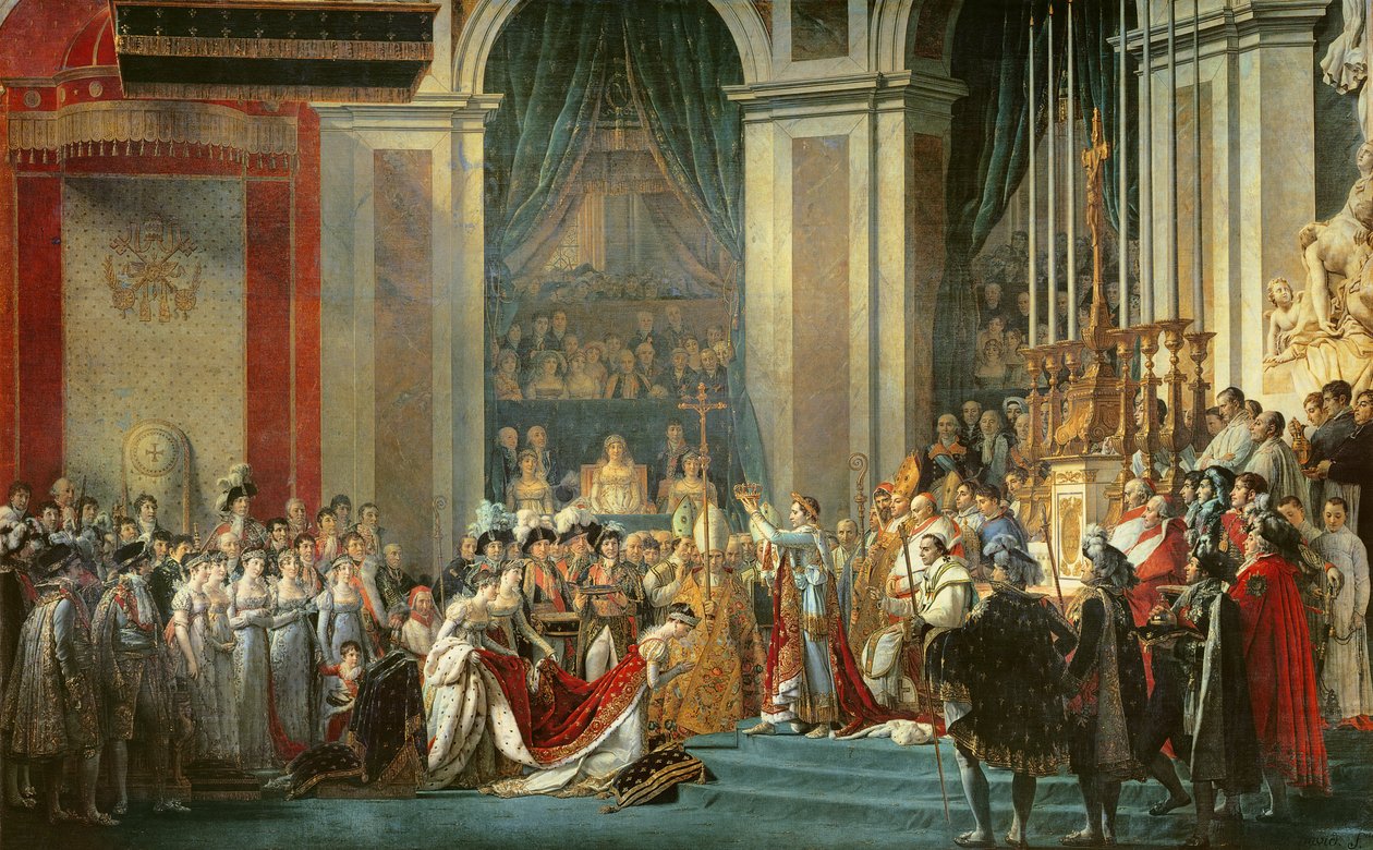 A Consagração do Imperador Napoleão (1769-1821) e a Coroação da Imperatriz Josefina (1763-1814) pelo Papa Pio VII, 2 de dezembro de 1804, 1806-7 de Jacques Louis David