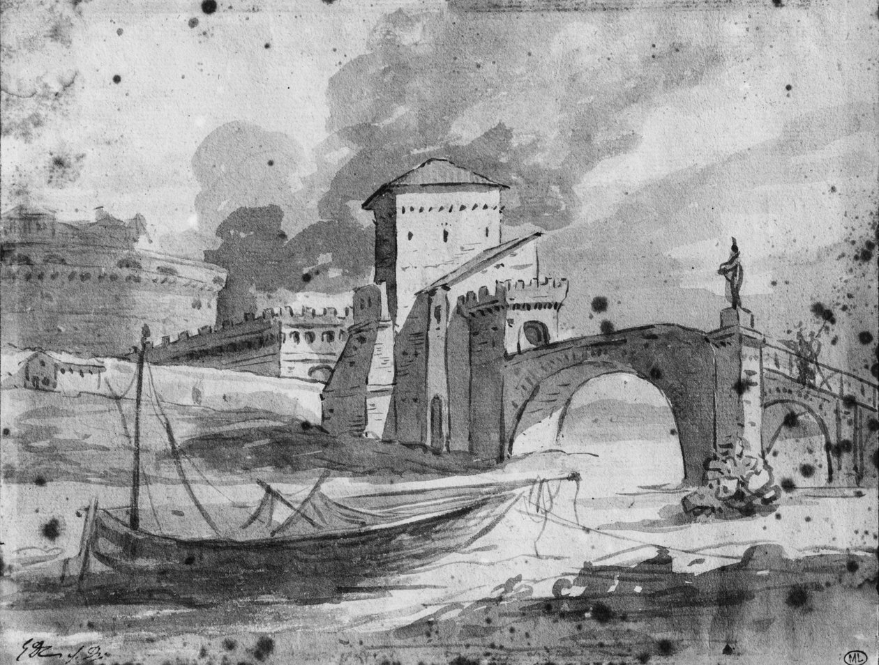 Vista do Tibre, perto da ponte e do Castelo de Sant&39;Angelo, em Roma, c.1775-80 (lavagem cinza und pierre noire no papel) de Jacques Louis David