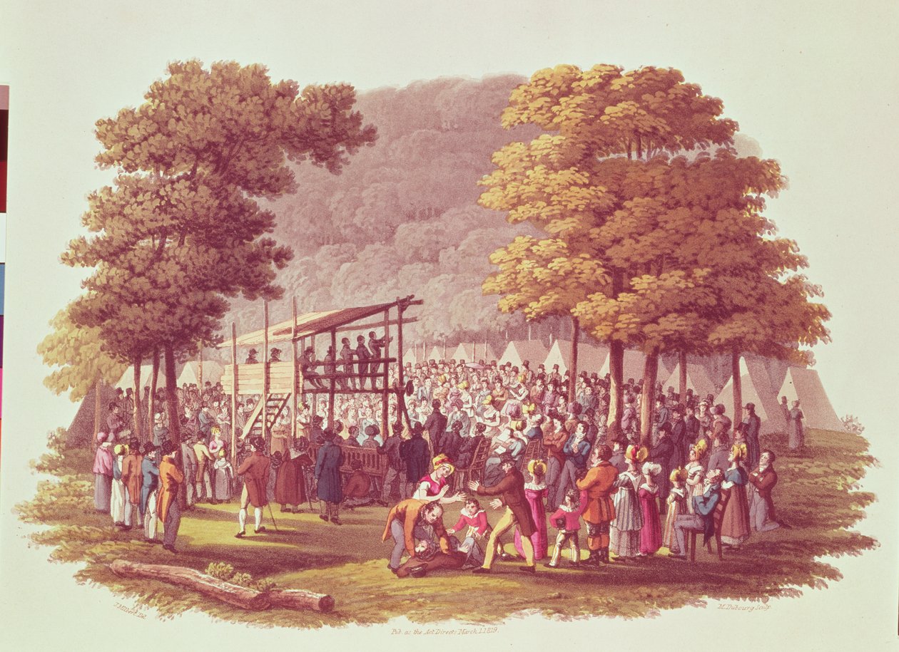 Reunião de acampamento dos metodistas na América do Norte, gravada por M. Dubourg, 1819 de Jacques Milbert