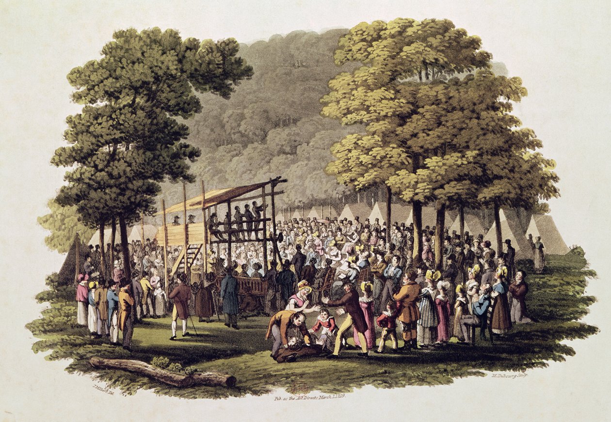 Encontro de acampamento dos metodistas na América do Norte, gravado por Matthew Dubourg (fl.1813-20) 1819 de Jacques Milbert