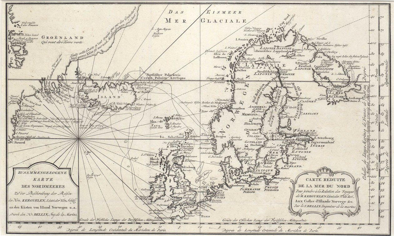 Mapa do Oceano Atlântico Norte, com o Mar do Norte de Jacques Nicolas Bellin