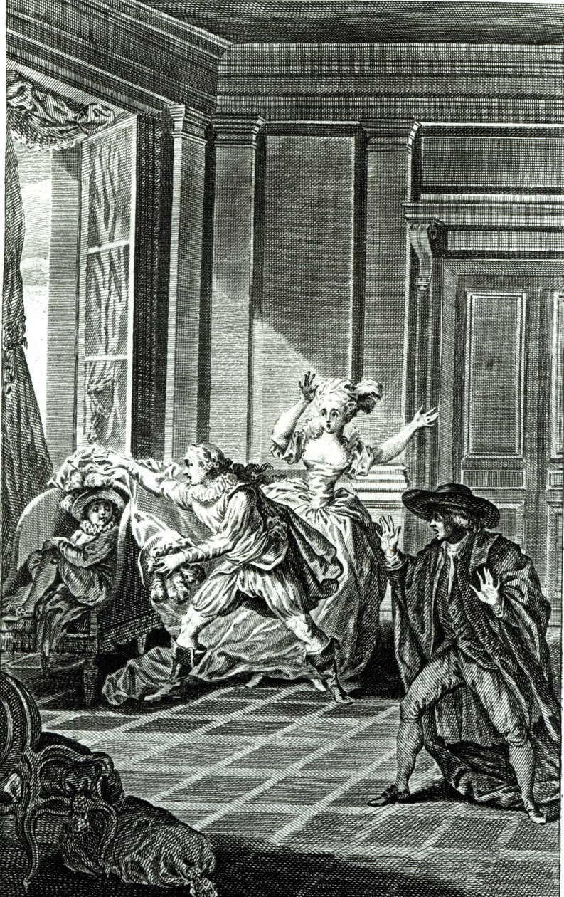 Cena do Ato I de &39;O Casamento de Fígaro&39; de Pierre-Agostinho Caron de Beaumarchais (1732-99) gravado por Claude Nicolas Malapeau (1755-1803) 1785 de Jacques Philippe Joseph de Saint Quentin