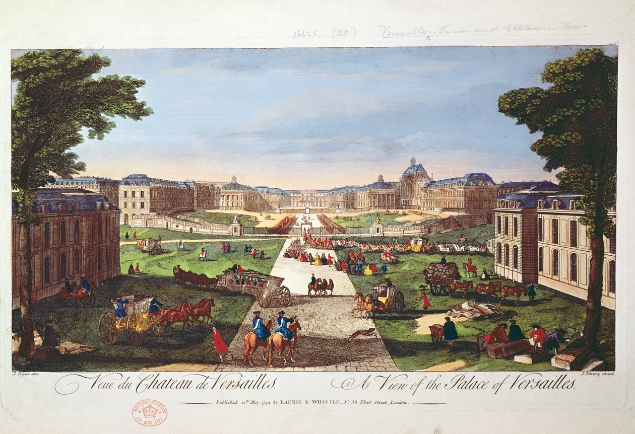 Vista do Palácio de Versalhes, 1794 (gravura a cores) de Jacques Rigaud