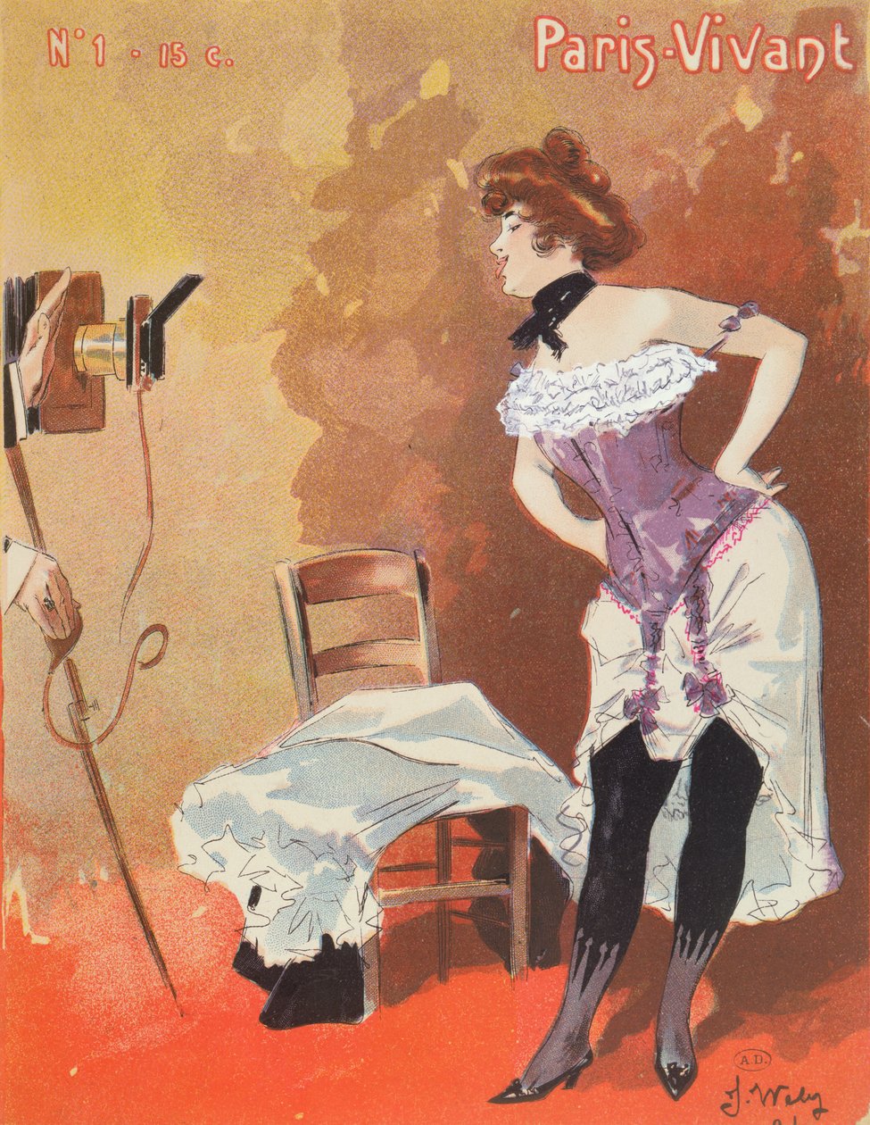 Mulher sendo fotografada em um espartilho, caricatura para &39;Paris-Vivant&39;, 1901 de Jacques Wely